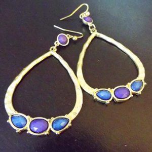 HUGE TEARDROP W/ SHADES OF BLUE & PURPLE FAUX GEMS PIERCED GOLDEN EARRINGS 64
